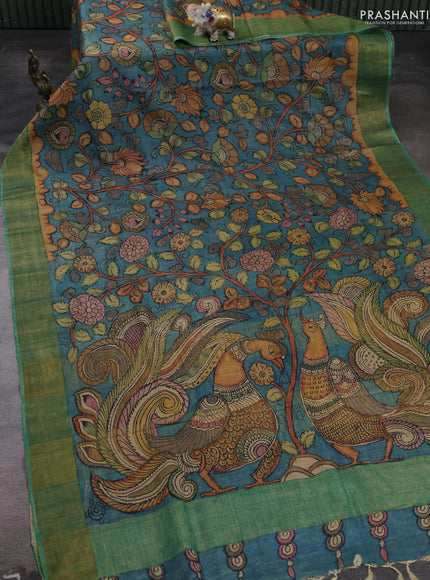 Teal Blue & Green Pure Tussar Silk - Pen Kalamkari Prints
