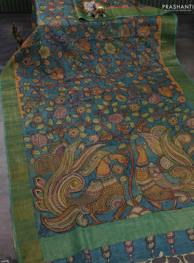 Teal Blue & Green Pure Tussar Silk - Pen Kalamkari Prints