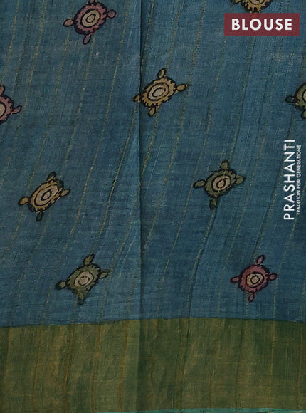 Teal Blue & Green Pure Tussar Silk - Pen Kalamkari Prints