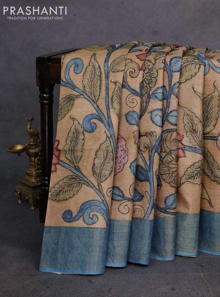Sandal & Blue Pure Tussar Silk - Pen Kalamkari Prints