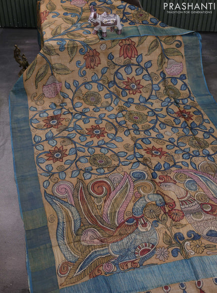 Sandal & Blue Pure Tussar Silk - Pen Kalamkari Prints