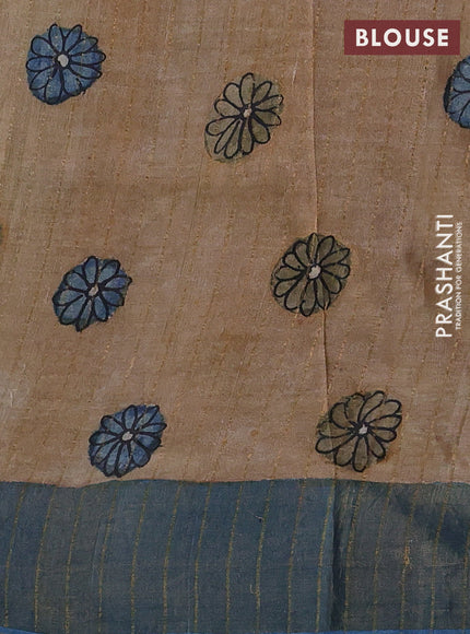 Sandal & Blue Pure Tussar Silk - Pen Kalamkari Prints