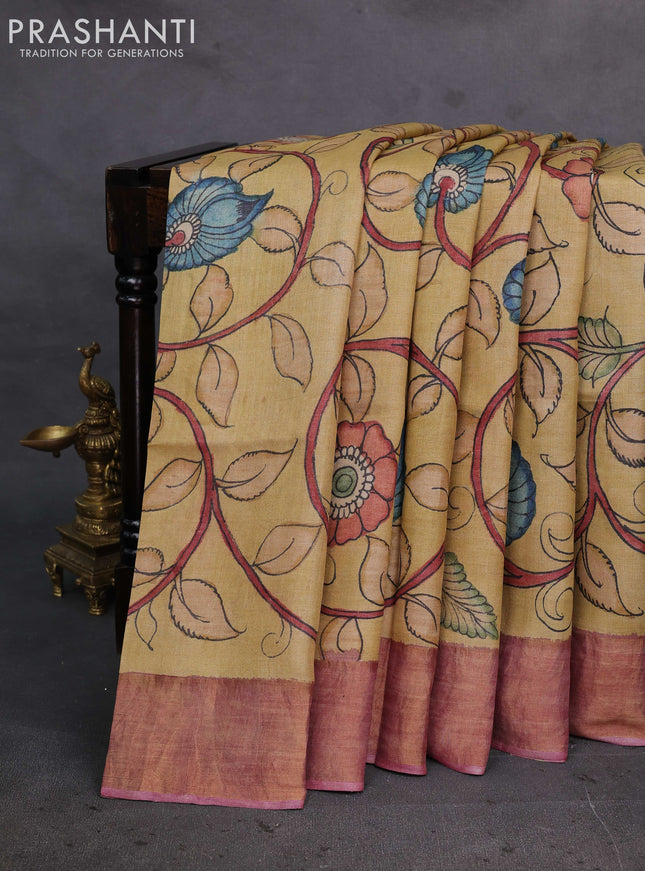 Yellow & Mauve Pink Pure Tussar Silk - Pen Kalamkari Prints