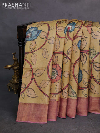 Yellow & Mauve Pink Pure Tussar Silk - Pen Kalamkari Prints