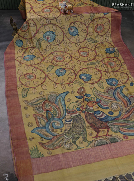 Yellow & Mauve Pink Pure Tussar Silk - Pen Kalamkari Prints