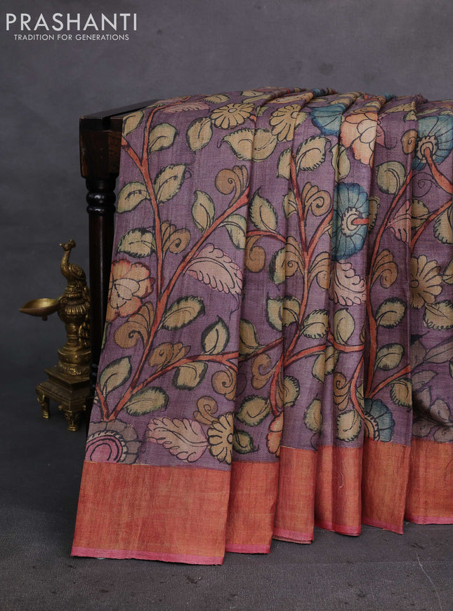 Pastel Purple & Red Pure Tussar Silk - Pen Kalamkari Prints