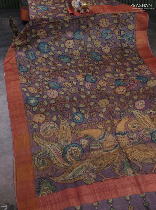 Pastel Purple & Red Pure Tussar Silk - Pen Kalamkari Prints