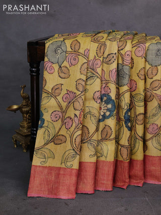 Yellow & Pink Pure Tussar Silk - Pen Kalamkari Prints
