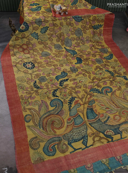 Yellow & Pink Pure Tussar Silk - Pen Kalamkari Prints