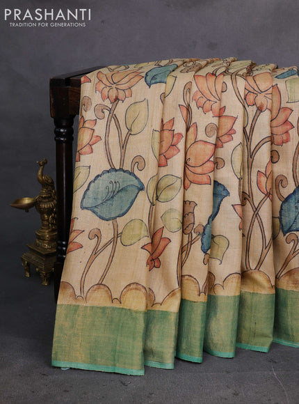 Beige & Green Pure Tussar Silk - Pen Kalamkari Prints