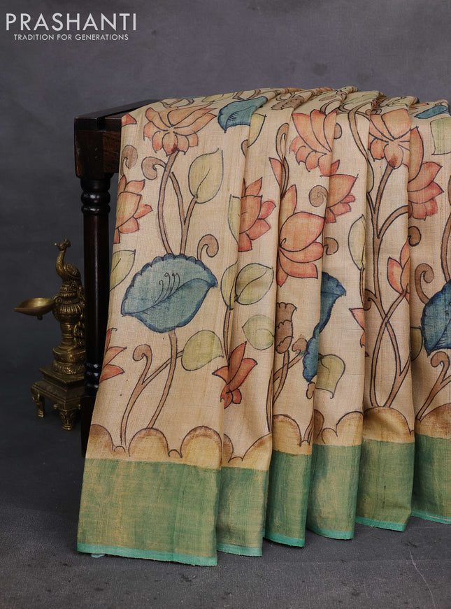 Beige & Green Pure Tussar Silk - Pen Kalamkari Prints