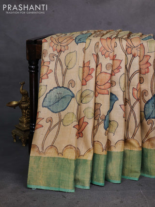 Beige & Green Pure Tussar Silk - Pen Kalamkari Prints