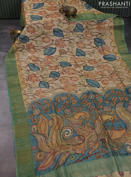 Beige & Green Pure Tussar Silk - Pen Kalamkari Prints