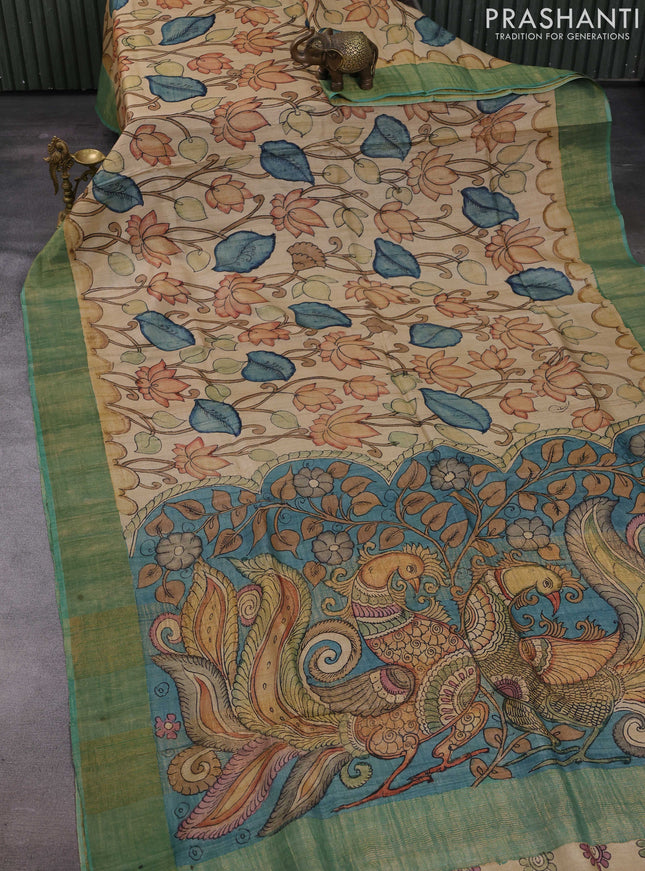 Beige & Green Pure Tussar Silk - Pen Kalamkari Prints