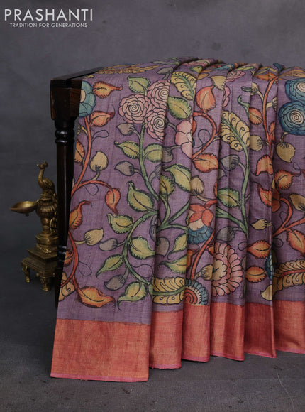 Pastel Purple Pure Tussar Silk - Pen Kalamkari Prints