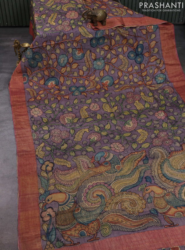 Pastel Purple Pure Tussar Silk - Pen Kalamkari Prints