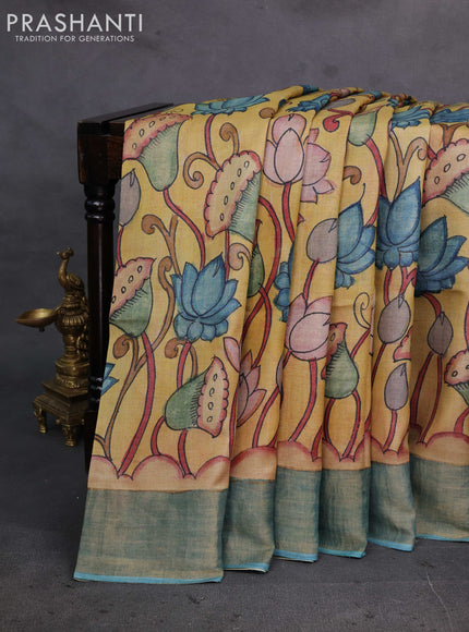 Mustard Yellow & Teal Blue Pure Tussar Silk - Pen Kalamkari Prints