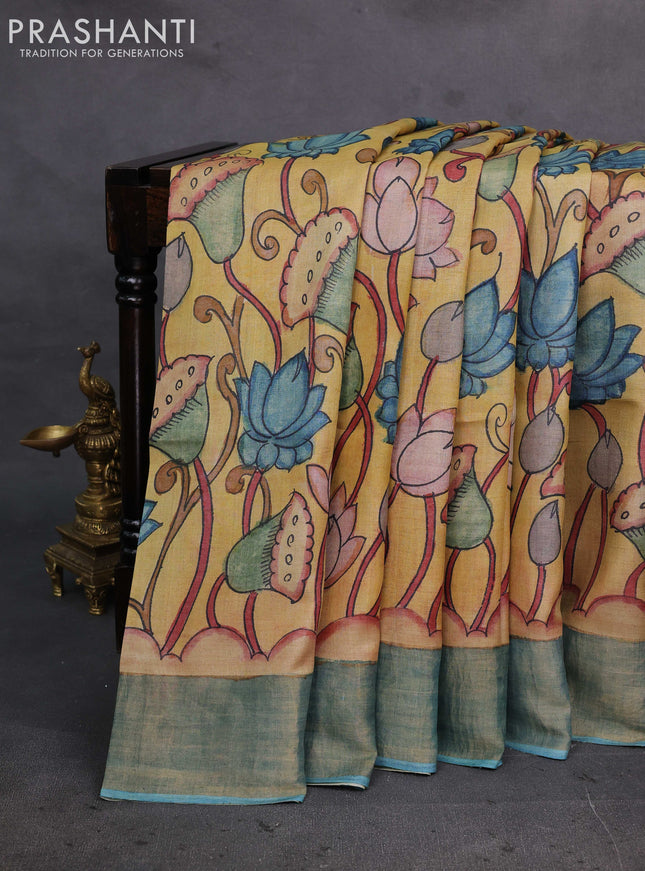 Mustard Yellow & Teal Blue Pure Tussar Silk - Pen Kalamkari Prints