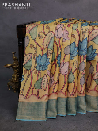 Mustard Yellow & Teal Blue Pure Tussar Silk - Pen Kalamkari Prints