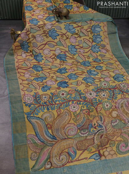Mustard Yellow & Teal Blue Pure Tussar Silk - Pen Kalamkari Prints