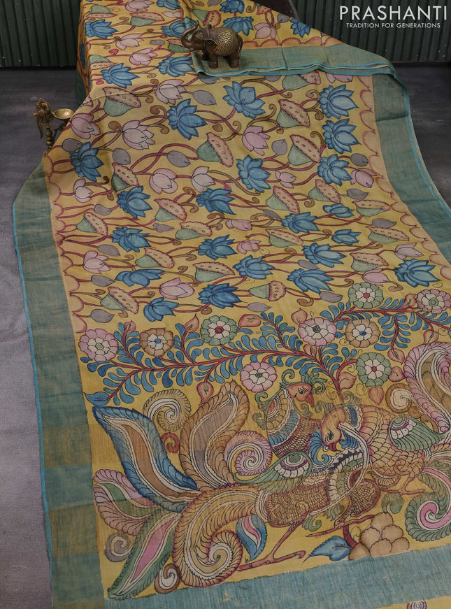 Mustard Yellow & Teal Blue Pure Tussar Silk - Pen Kalamkari Prints