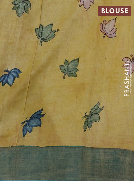 Mustard Yellow & Teal Blue Pure Tussar Silk - Pen Kalamkari Prints