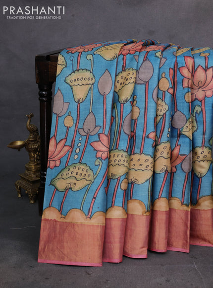 Blue & Pink Pure Tussar Silk - Pen Kalamkari Prints