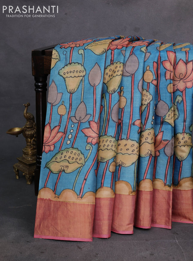Blue & Pink Pure Tussar Silk - Pen Kalamkari Prints