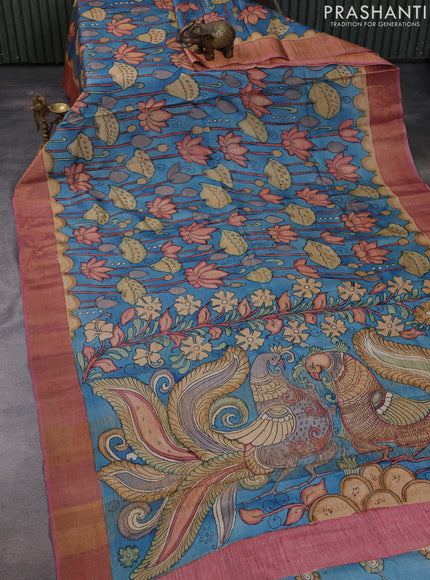 Blue & Pink Pure Tussar Silk - Pen Kalamkari Prints