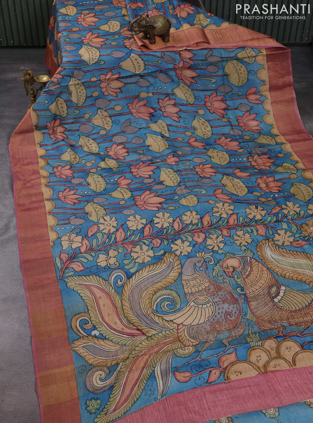 Blue & Pink Pure Tussar Silk - Pen Kalamkari Prints