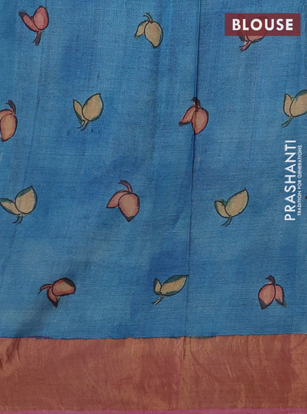 Blue & Pink Pure Tussar Silk - Pen Kalamkari Prints