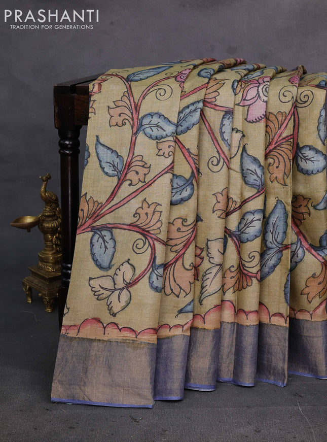 Elaichi Green & Blue Pure Tussar Silk - Pen Kalamkari Prints