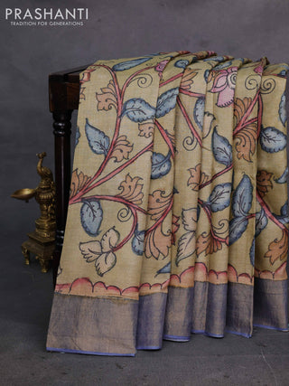 Elaichi Green & Blue Pure Tussar Silk - Pen Kalamkari Prints