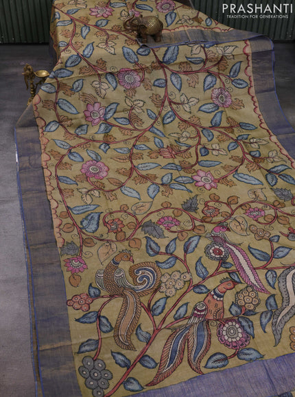 Elaichi Green & Blue Pure Tussar Silk - Pen Kalamkari Prints