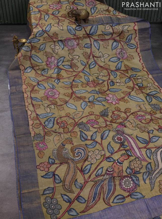 Elaichi Green & Blue Pure Tussar Silk - Pen Kalamkari Prints