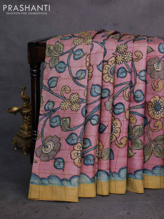 Pastel Pink & Mustard Pure Tussar Silk - Pen Kalamkari Prints