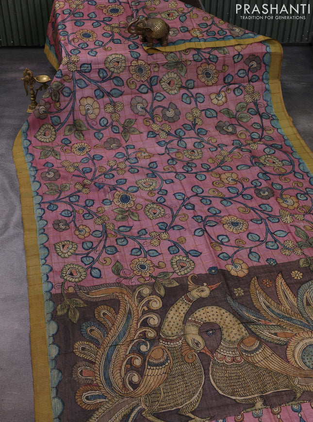 Pastel Pink & Mustard Pure Tussar Silk - Pen Kalamkari Prints
