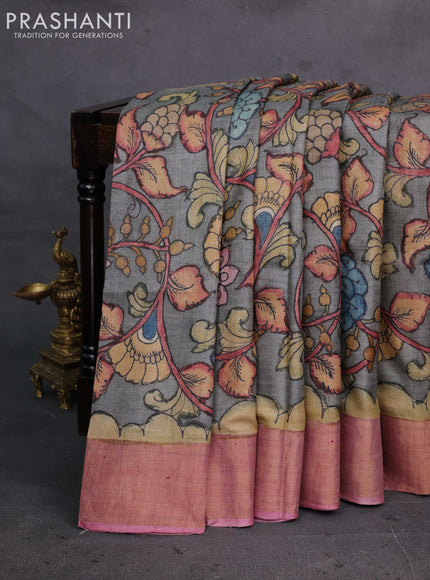 Grey & Pastel Pink Pure Tussar Silk - Pen Kalamkari Prints