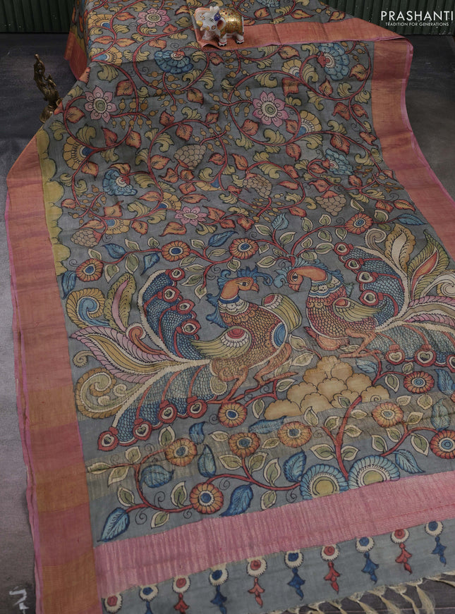 Grey & Pastel Pink Pure Tussar Silk - Pen Kalamkari Prints