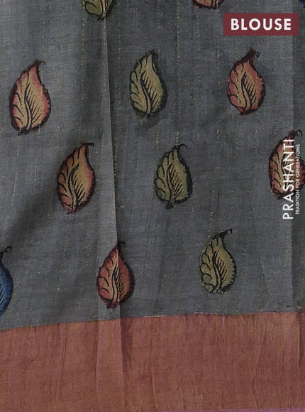 Grey & Pastel Pink Pure Tussar Silk - Pen Kalamkari Prints