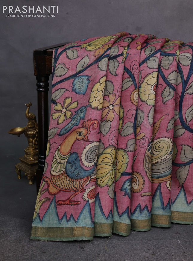 Mauve Pink & Green Pure Tussar Silk - Pen Kalamkari Prints