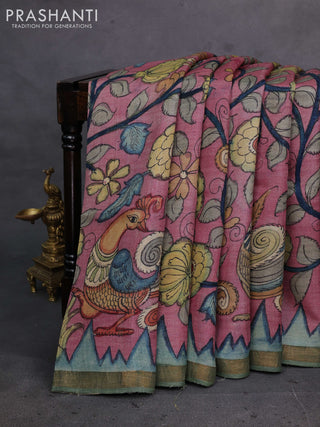 Mauve Pink & Green Pure Tussar Silk - Pen Kalamkari Prints