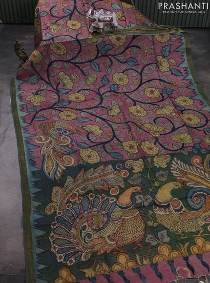 Mauve Pink & Green Pure Tussar Silk - Pen Kalamkari Prints