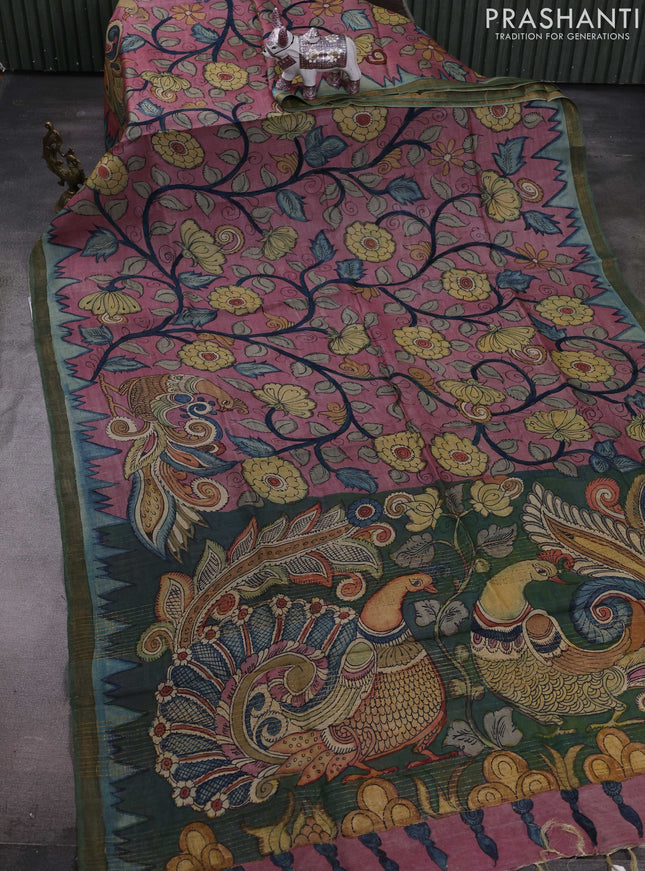 Mauve Pink & Green Pure Tussar Silk - Pen Kalamkari Prints