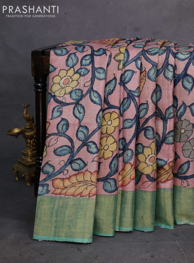 Peach & Green Pure Tussar Silk - Pen Kalamkari Prints
