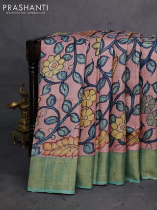 Peach & Green Pure Tussar Silk - Pen Kalamkari Prints