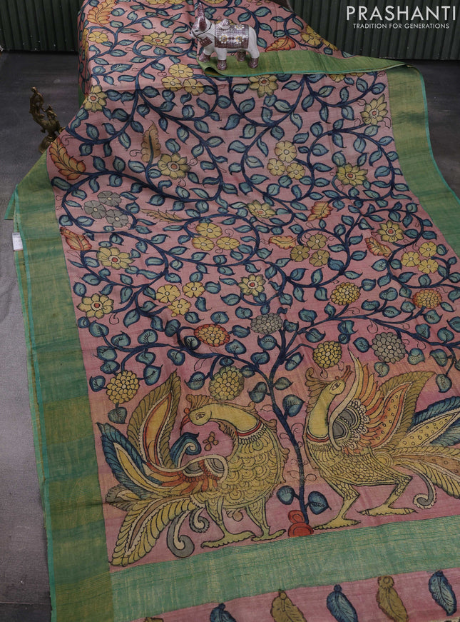 Peach & Green Pure Tussar Silk - Pen Kalamkari Prints