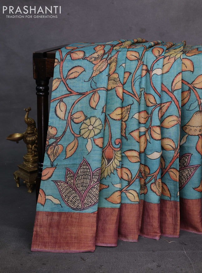 Teal Green & Mauve Pink Pure Tussar Silk - Pen Kalamkari Prints