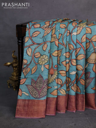 Teal Green & Mauve Pink Pure Tussar Silk - Pen Kalamkari Prints