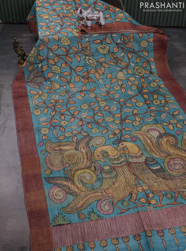 Teal Green & Mauve Pink Pure Tussar Silk - Pen Kalamkari Prints